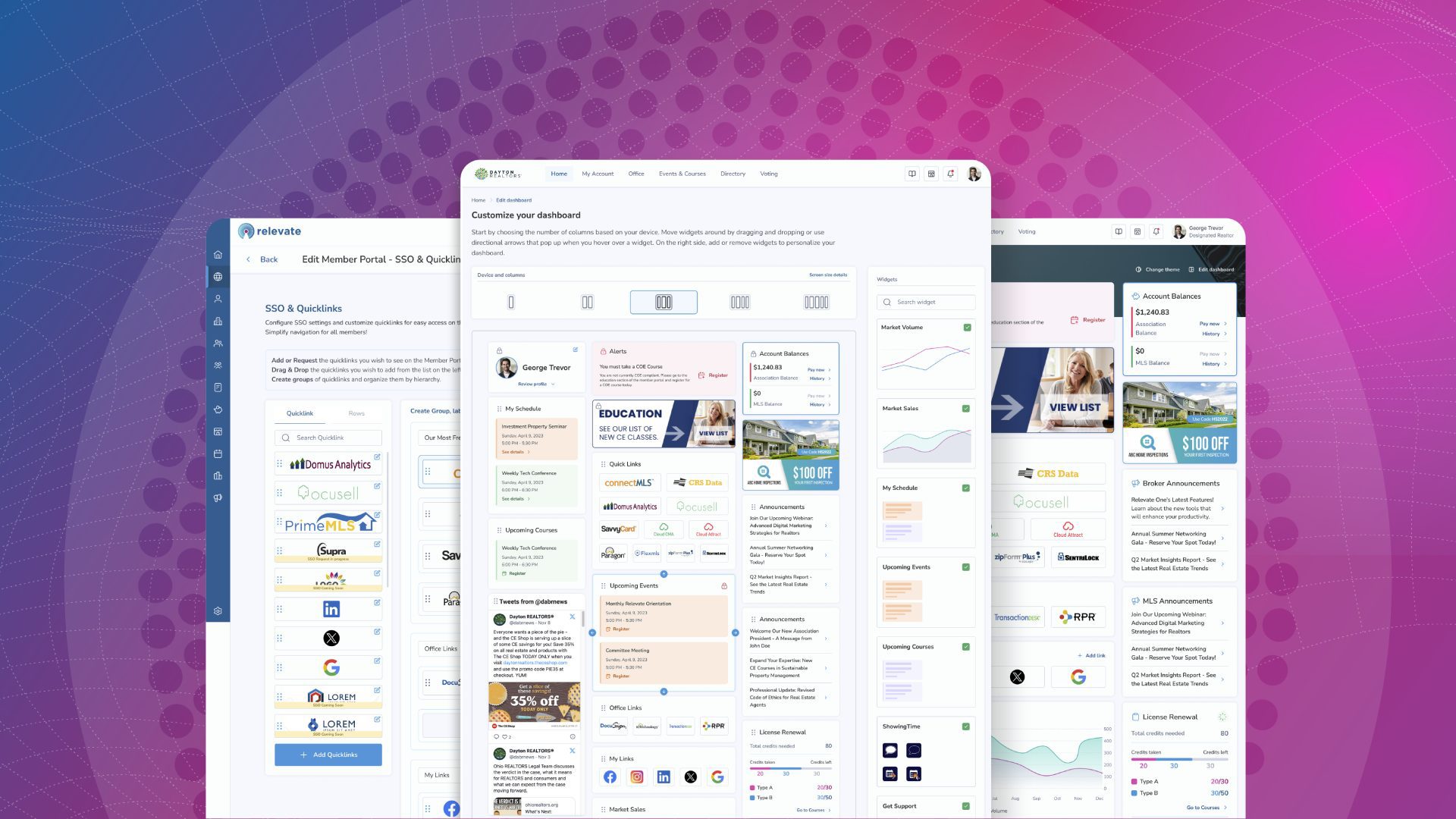 Three overlapping digital dashboards on gradient background.